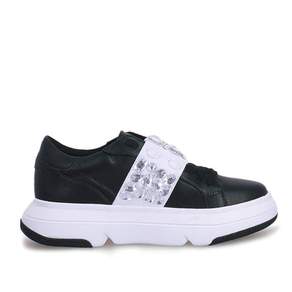 Whitesta Joanna Crystal Black Leather Sneakers: Elegant, comfortable footwear with a touch of sparkle, perfect for any occasion