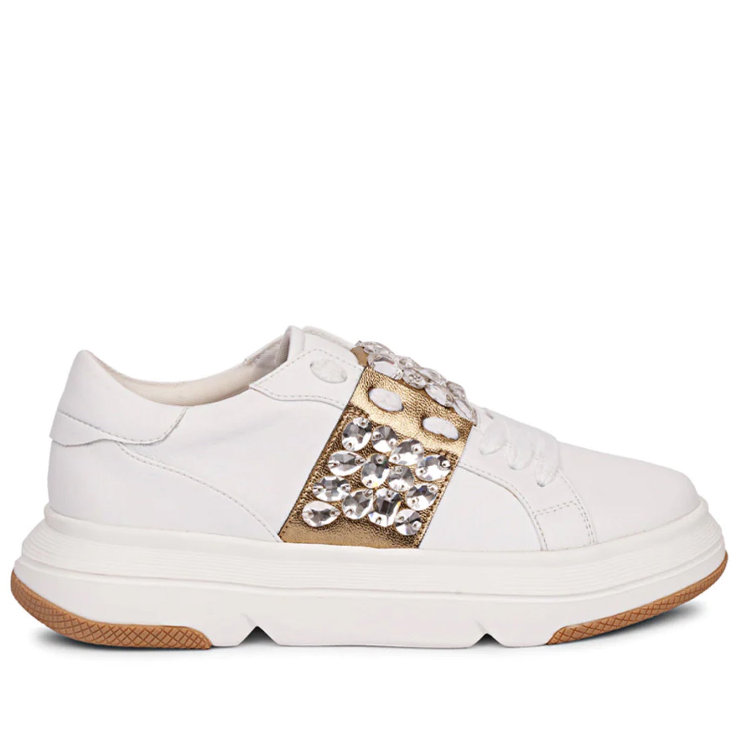 Whitesta Joanna Crystal Off White Leather Sneakers - Elegant off-white sneakers with crystal embellishments for a touch of glamour and timeless style.
