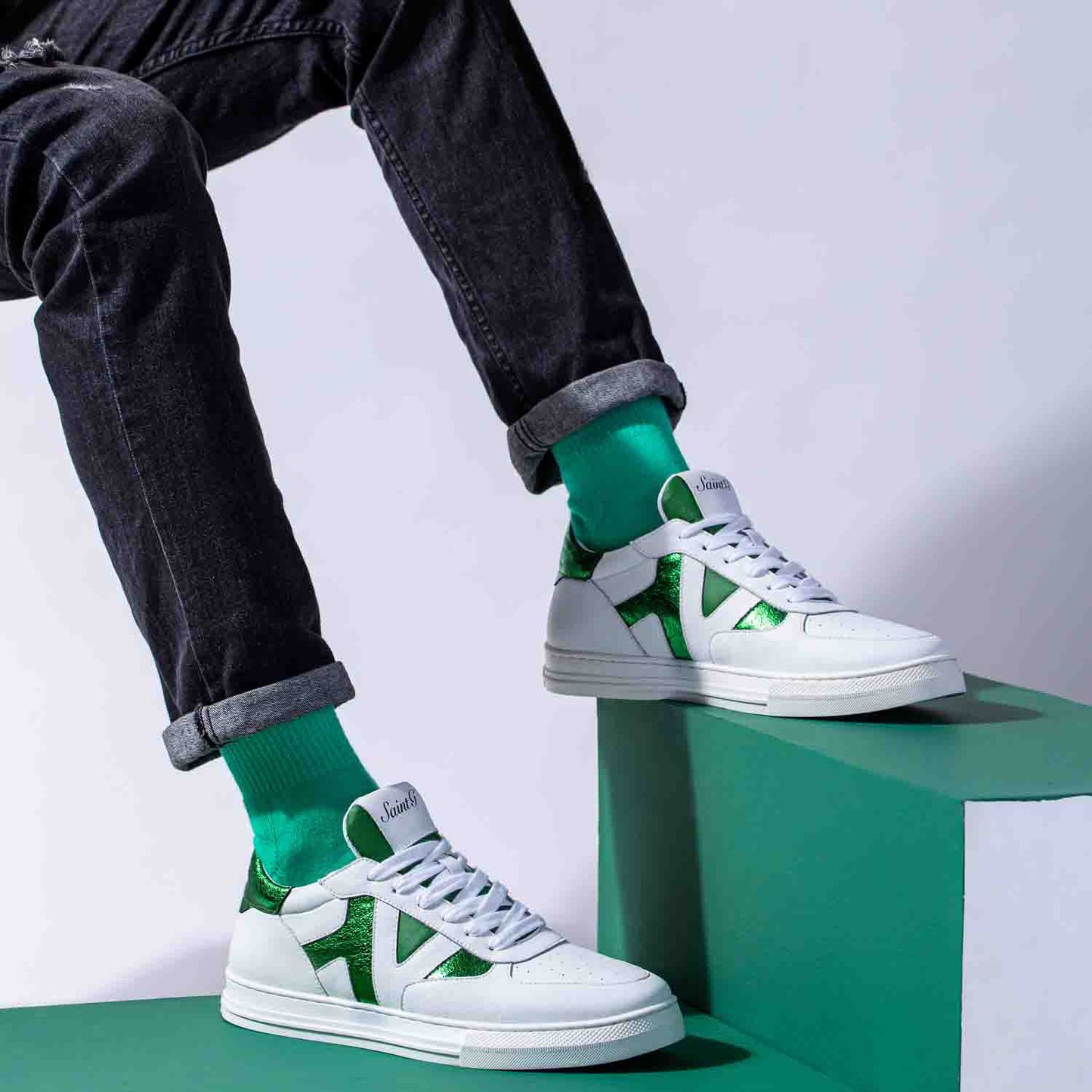 Whitesta Elliot White & Green Leather Handcrafted Sneakers