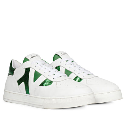 Whitesta Elliot White & Green Leather Handcrafted Sneakers